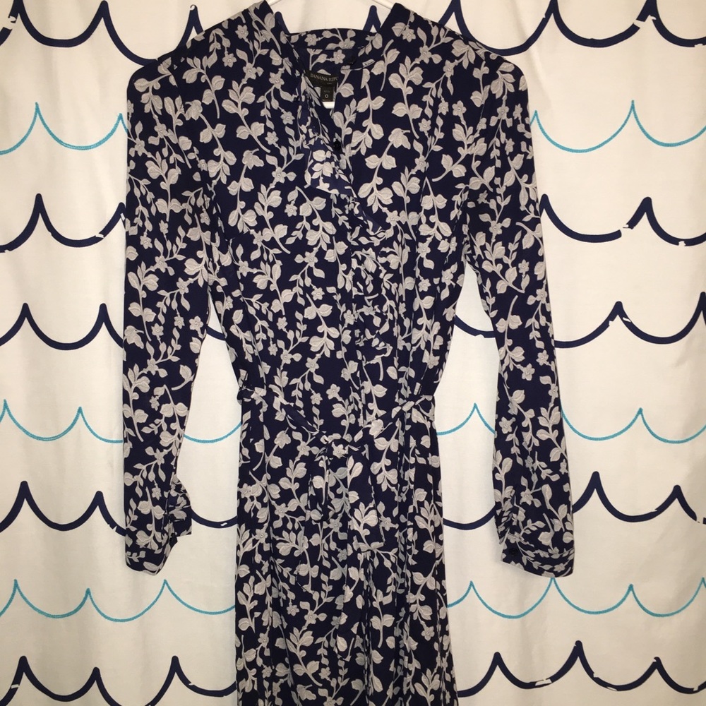 Navy and tan flowered knee length dress